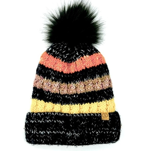Cozy Zone Black Furball Beanie Pom Pom‎ Colorful Stripes, O/S - Picture 1 of 6